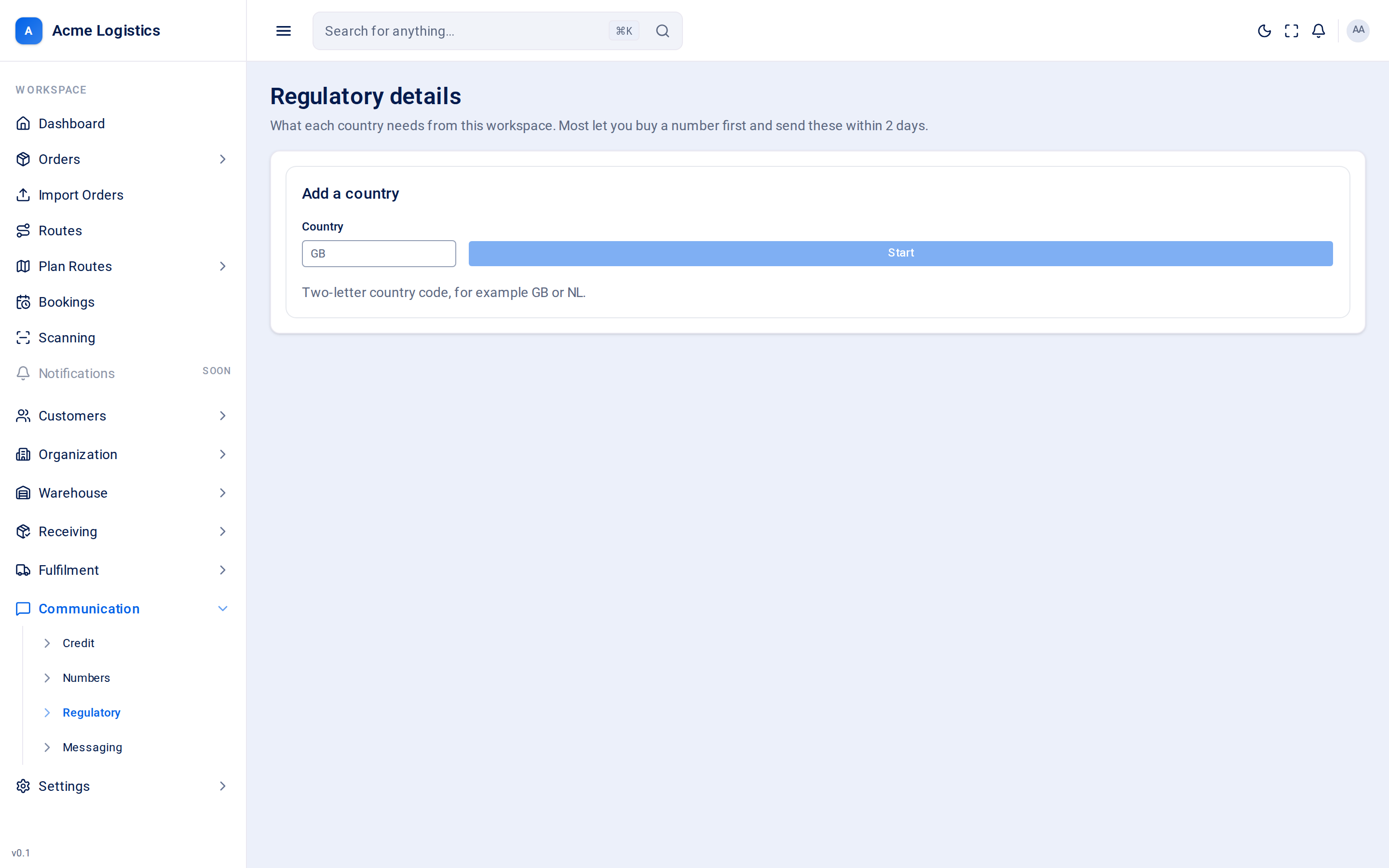 The regulatory details screen with a country card