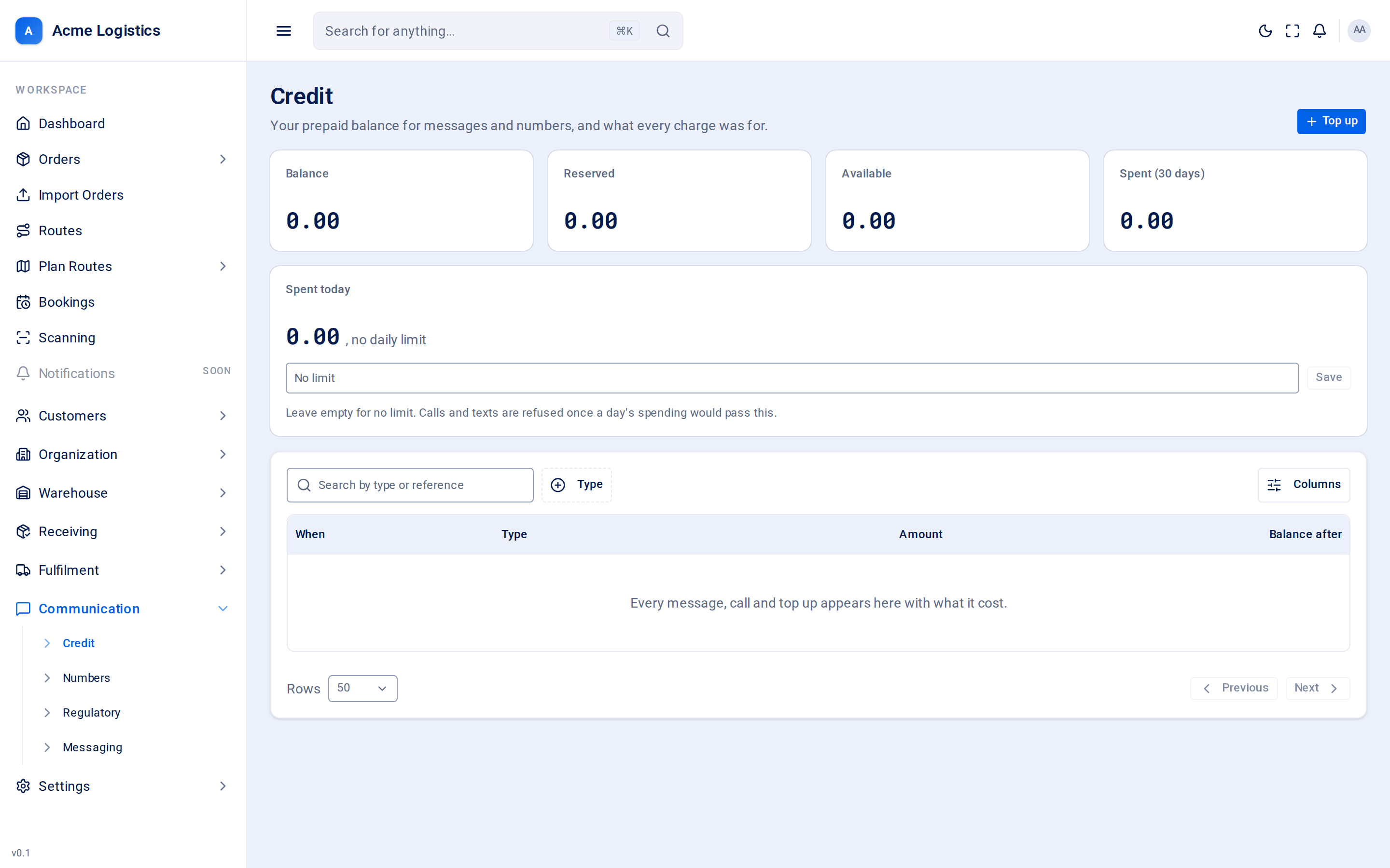 The credit screen with the balance figures, today's spend and the charge statement