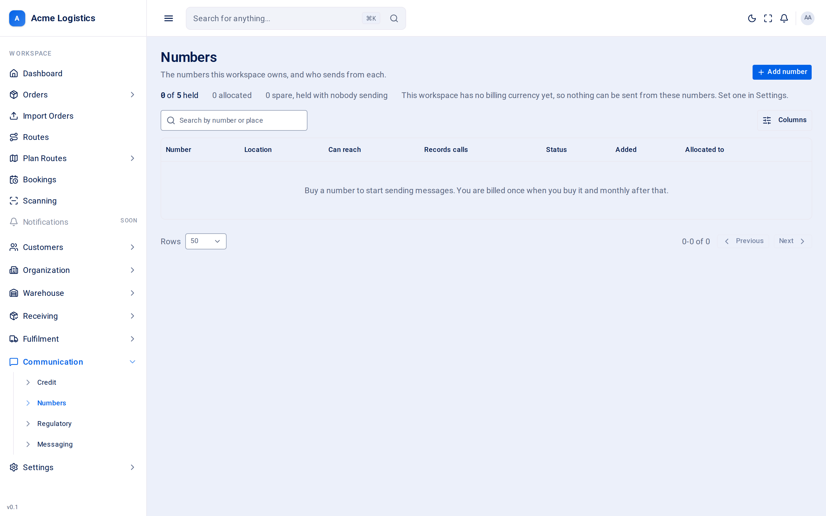 The numbers list with location, countries it can reach, recording and allocation