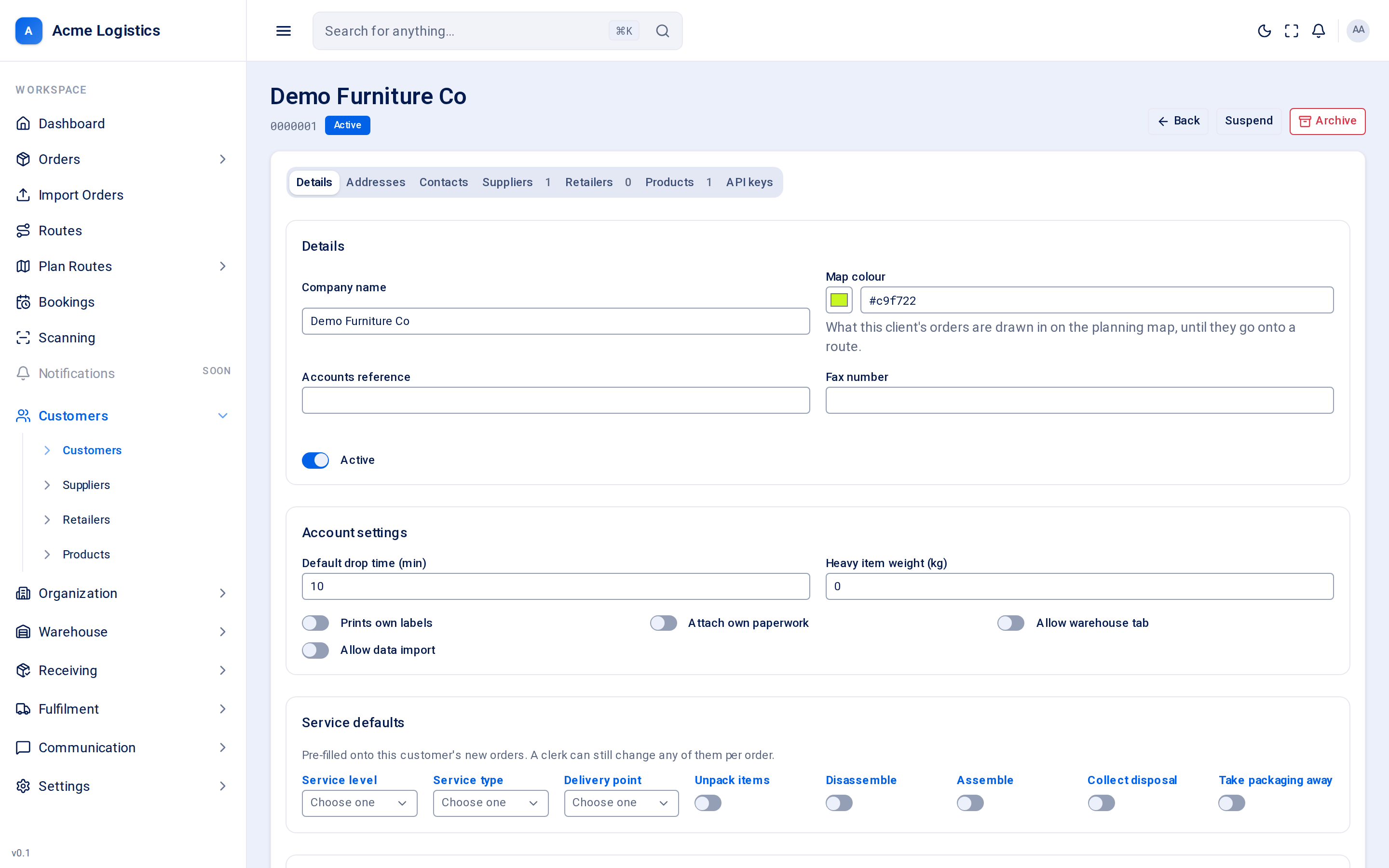 A customer's page on the Details tab