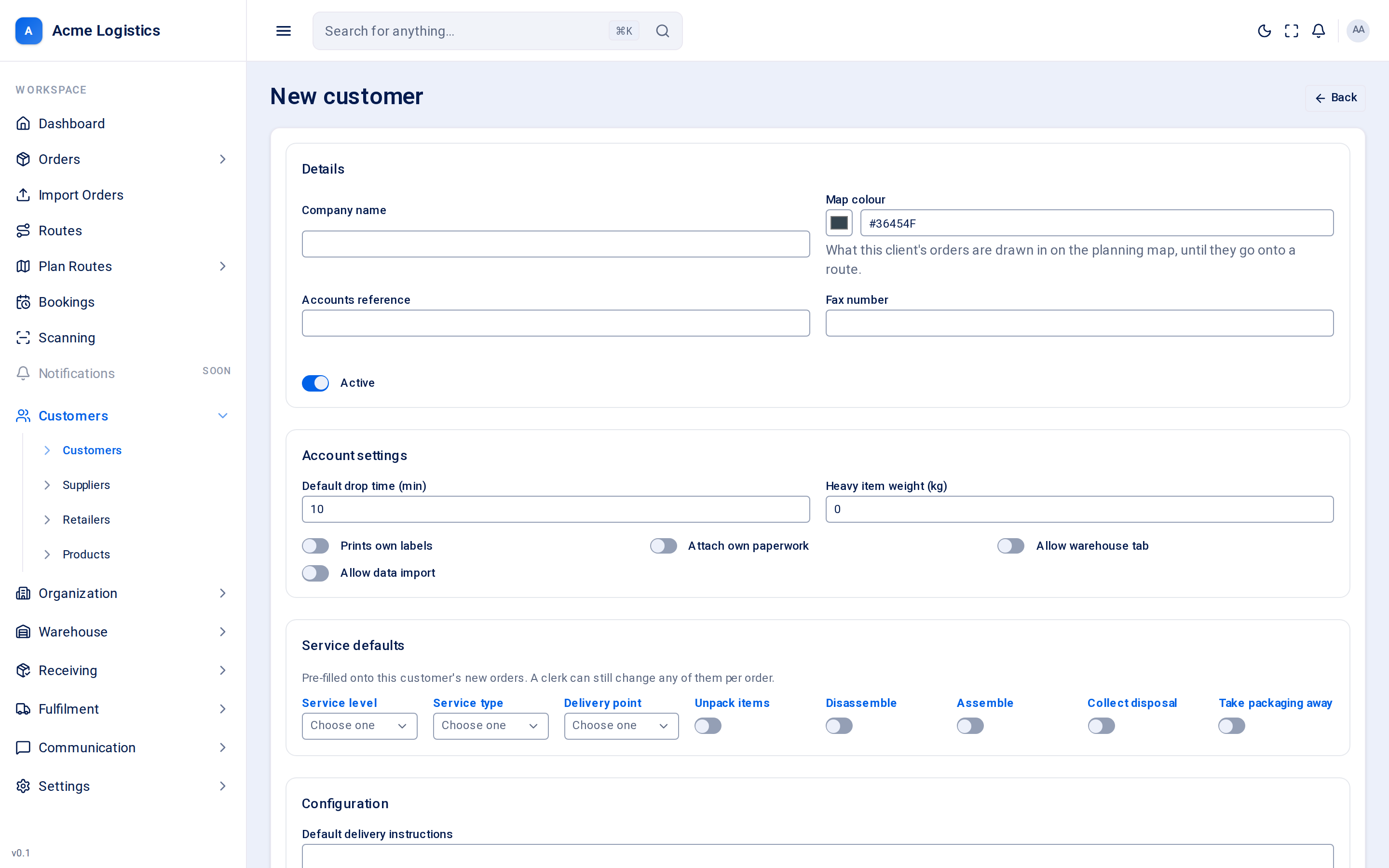 The new customer form