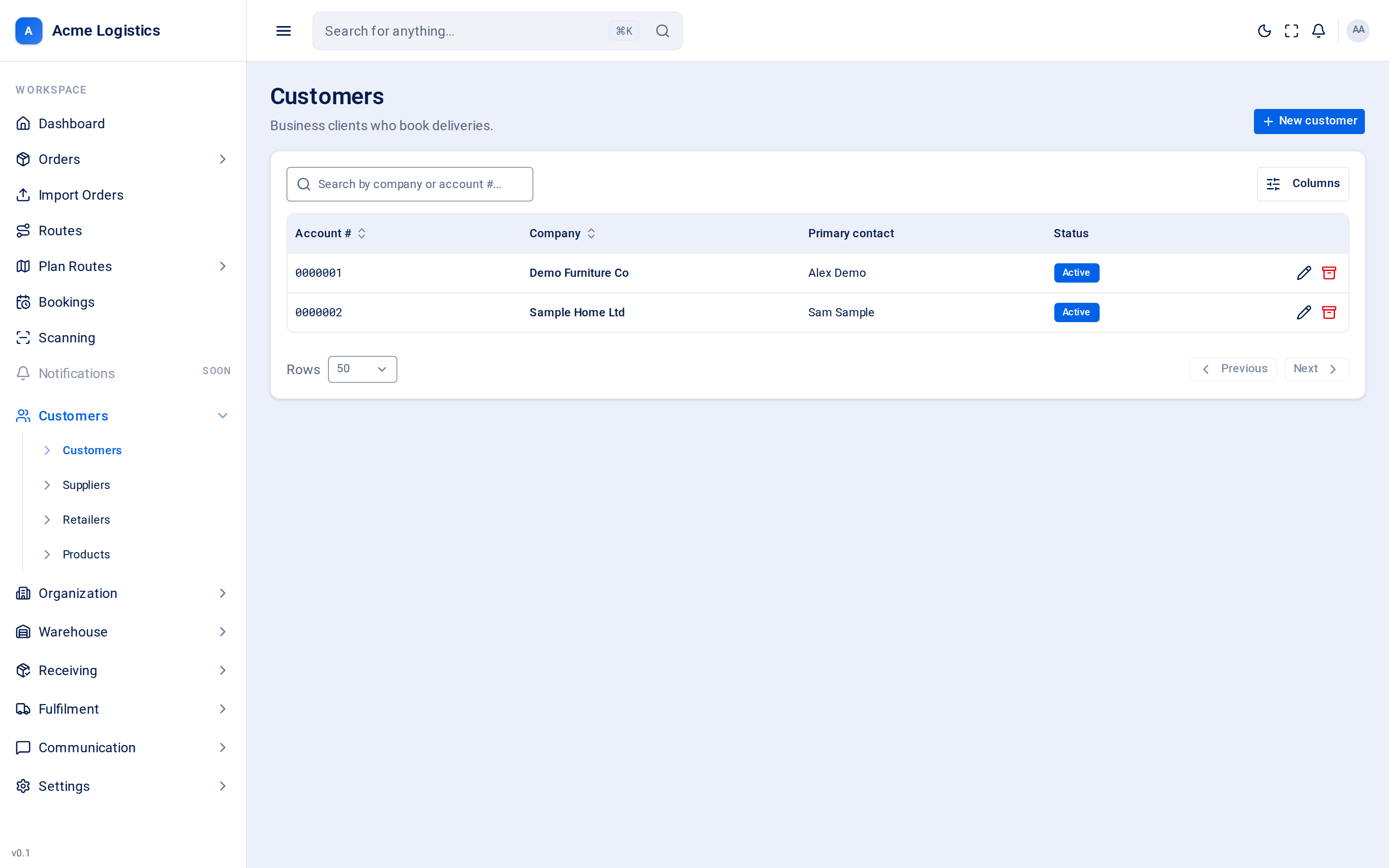 The customers list with account numbers, company names, primary contacts and status