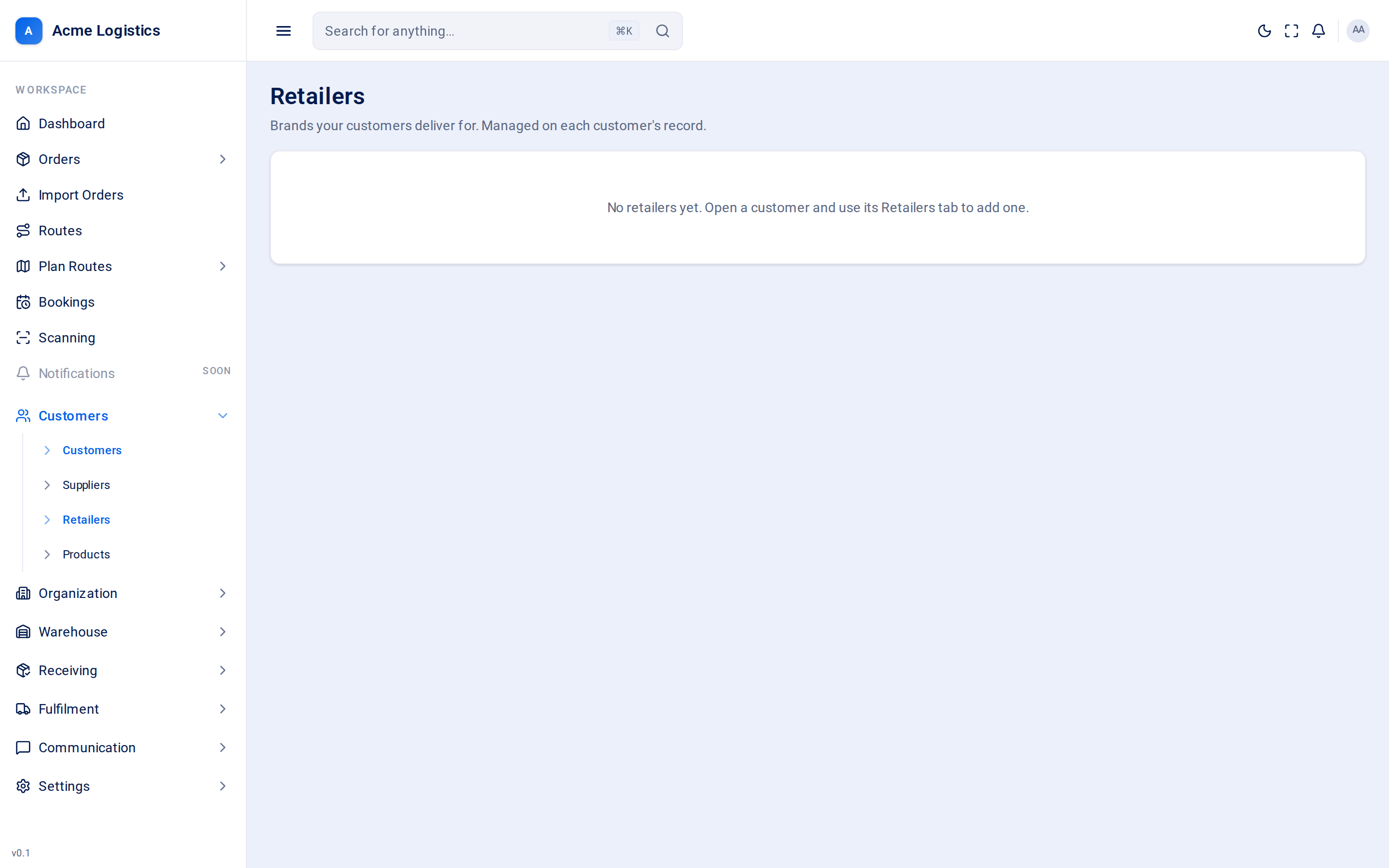 The retailers list across all customers