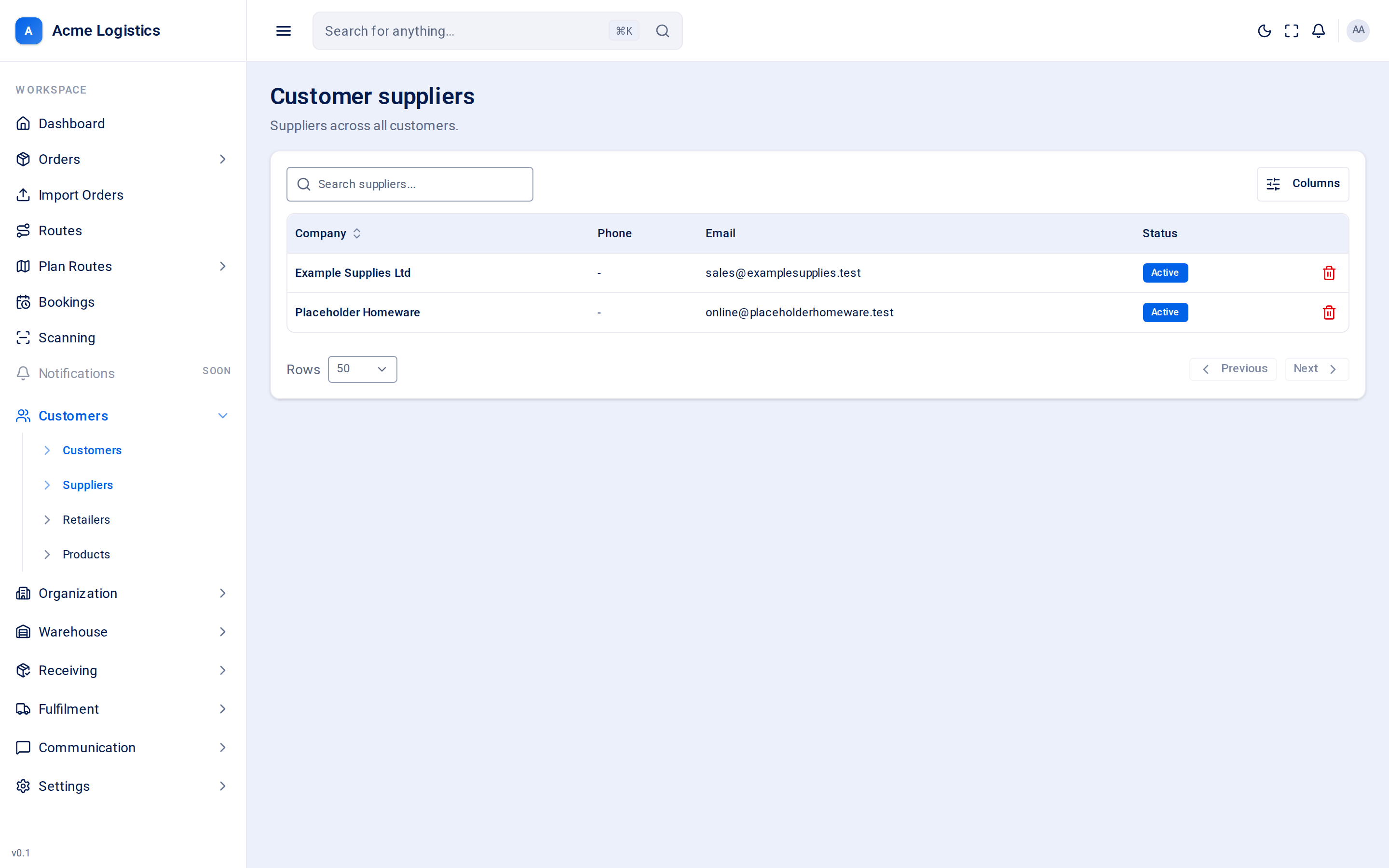 The customer suppliers list