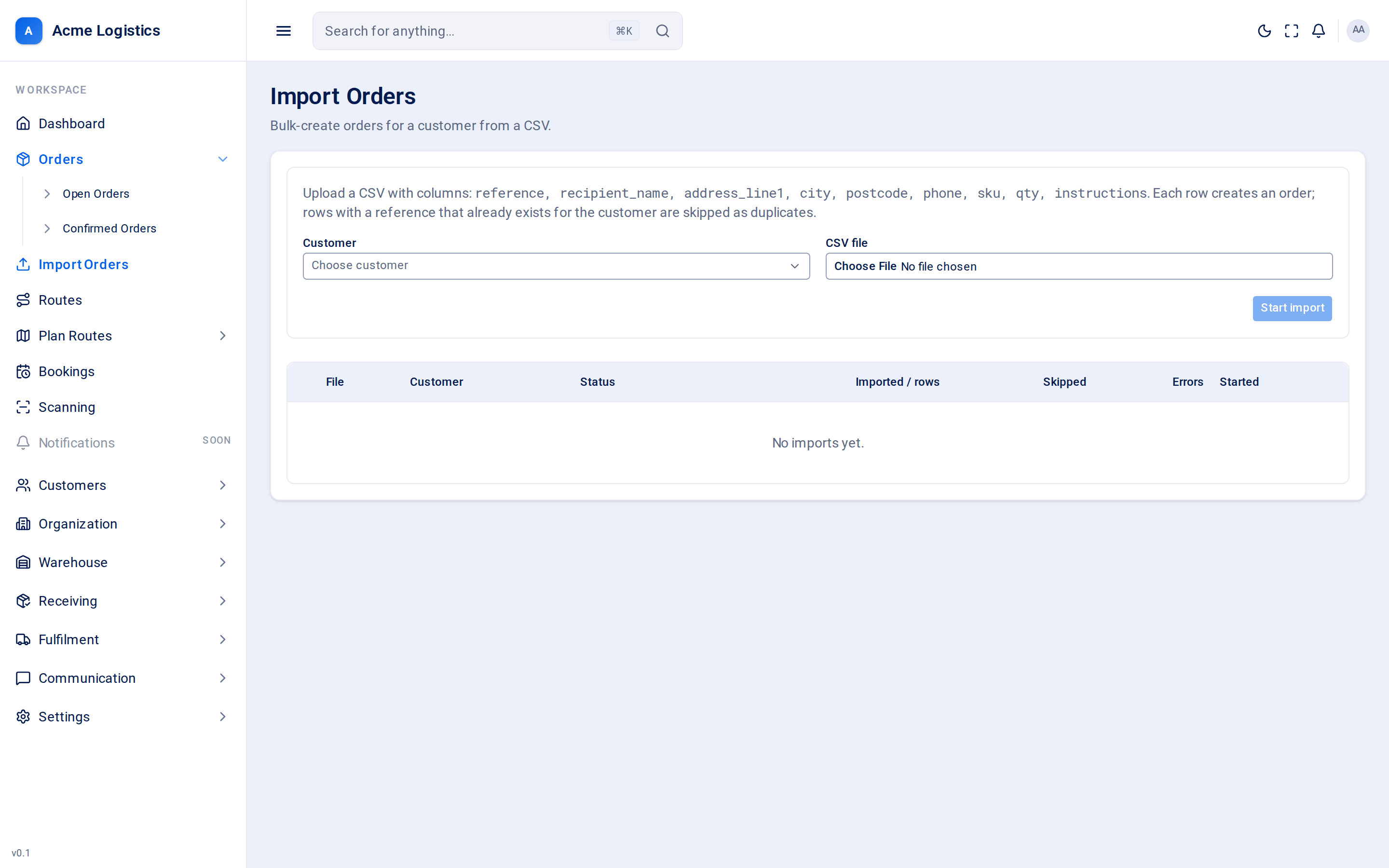The Import Orders screen with the upload form and the list of past imports
