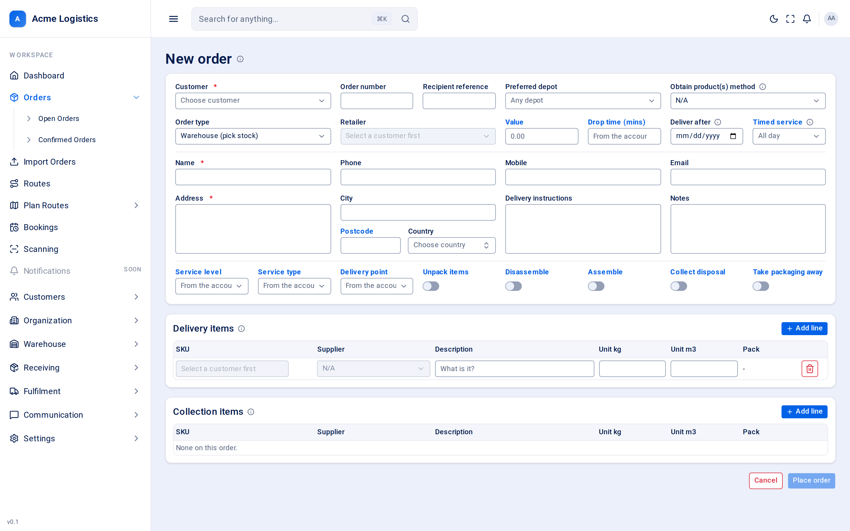 The new order form with order details, recipient, service options and item tables