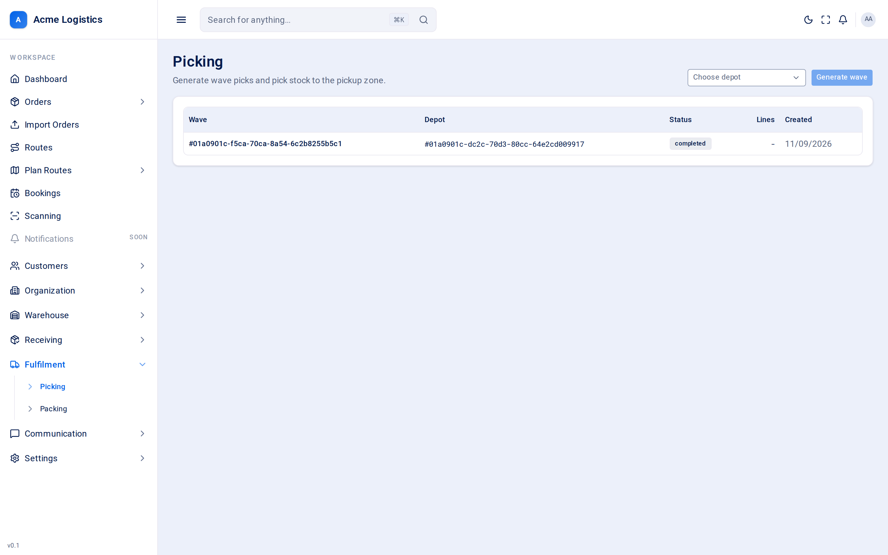 The Picking screen with the depot picker, Generate wave button and the list of waves