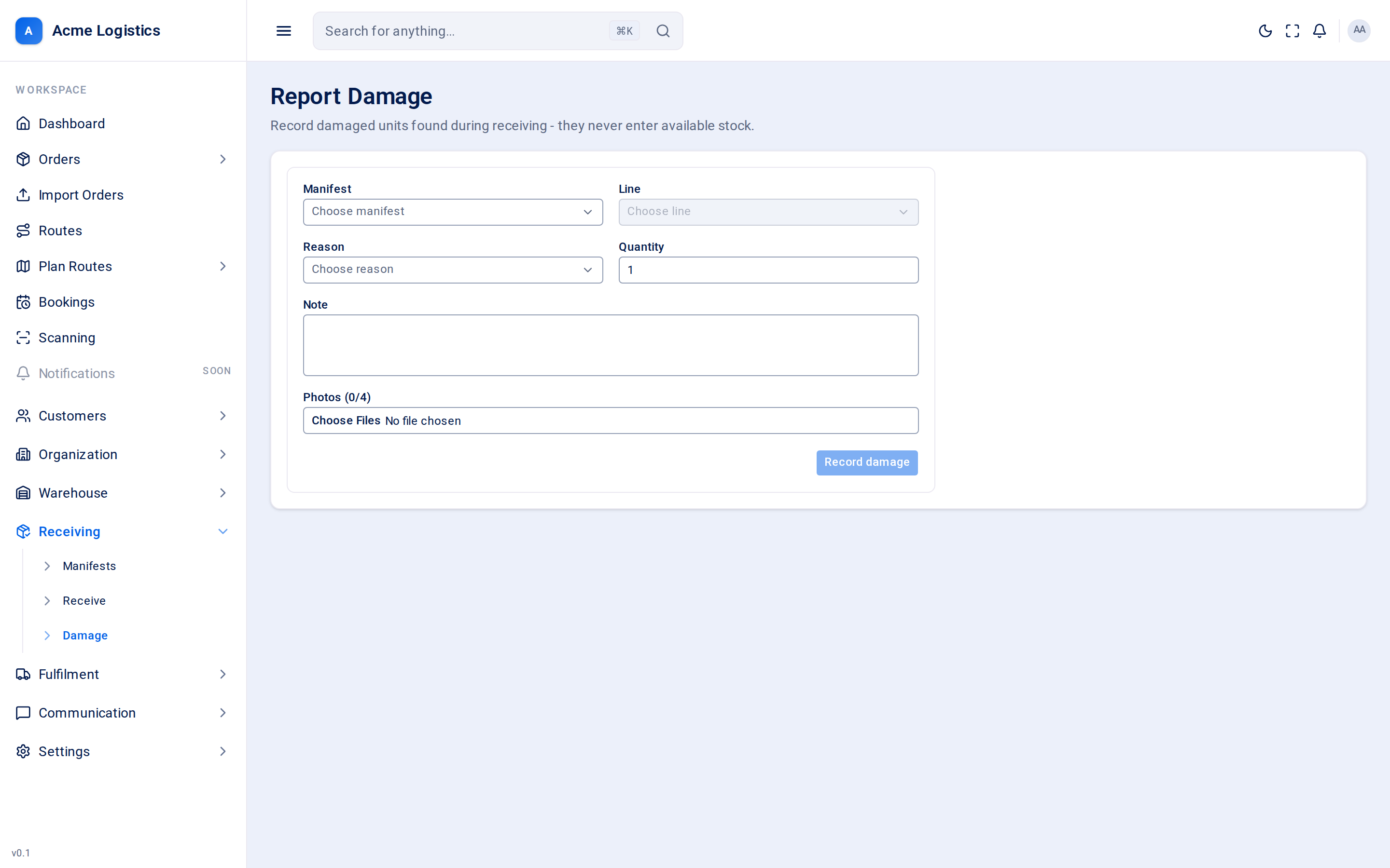 The report damage form with manifest, line, reason and photos