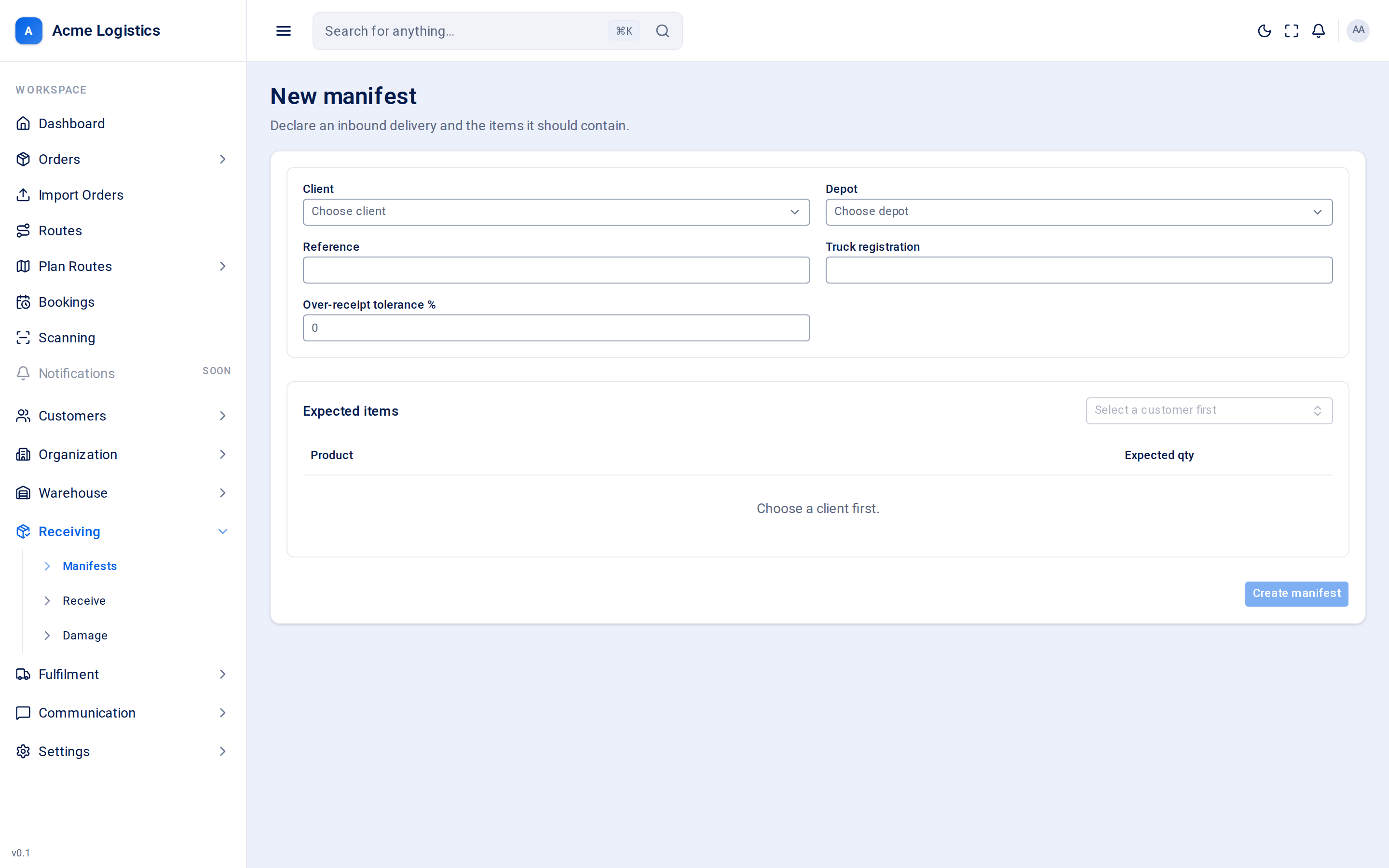 The new manifest form with the expected items table
