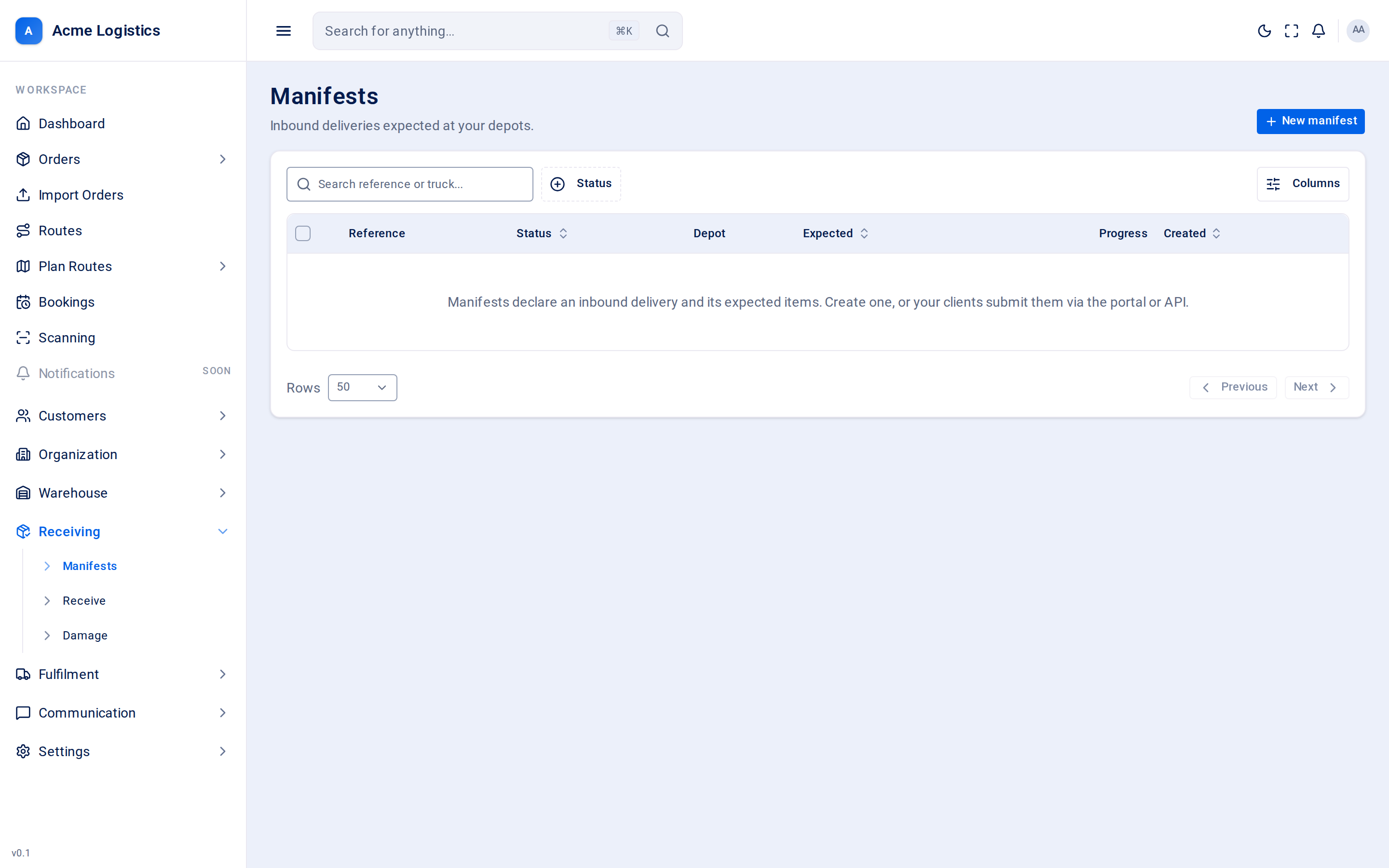 The manifests list with status and progress columns