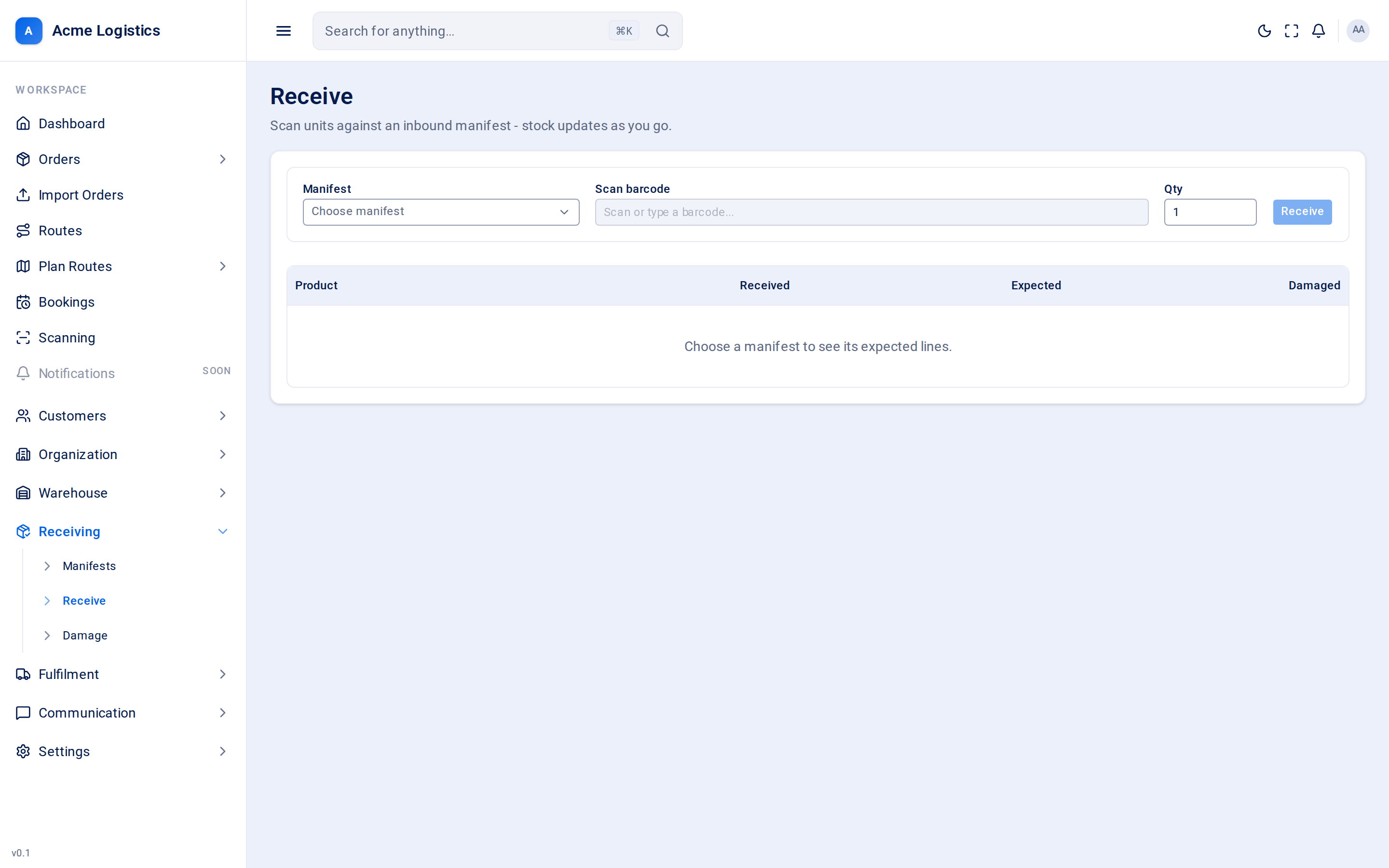 The receive screen with a manifest chosen and its lines below