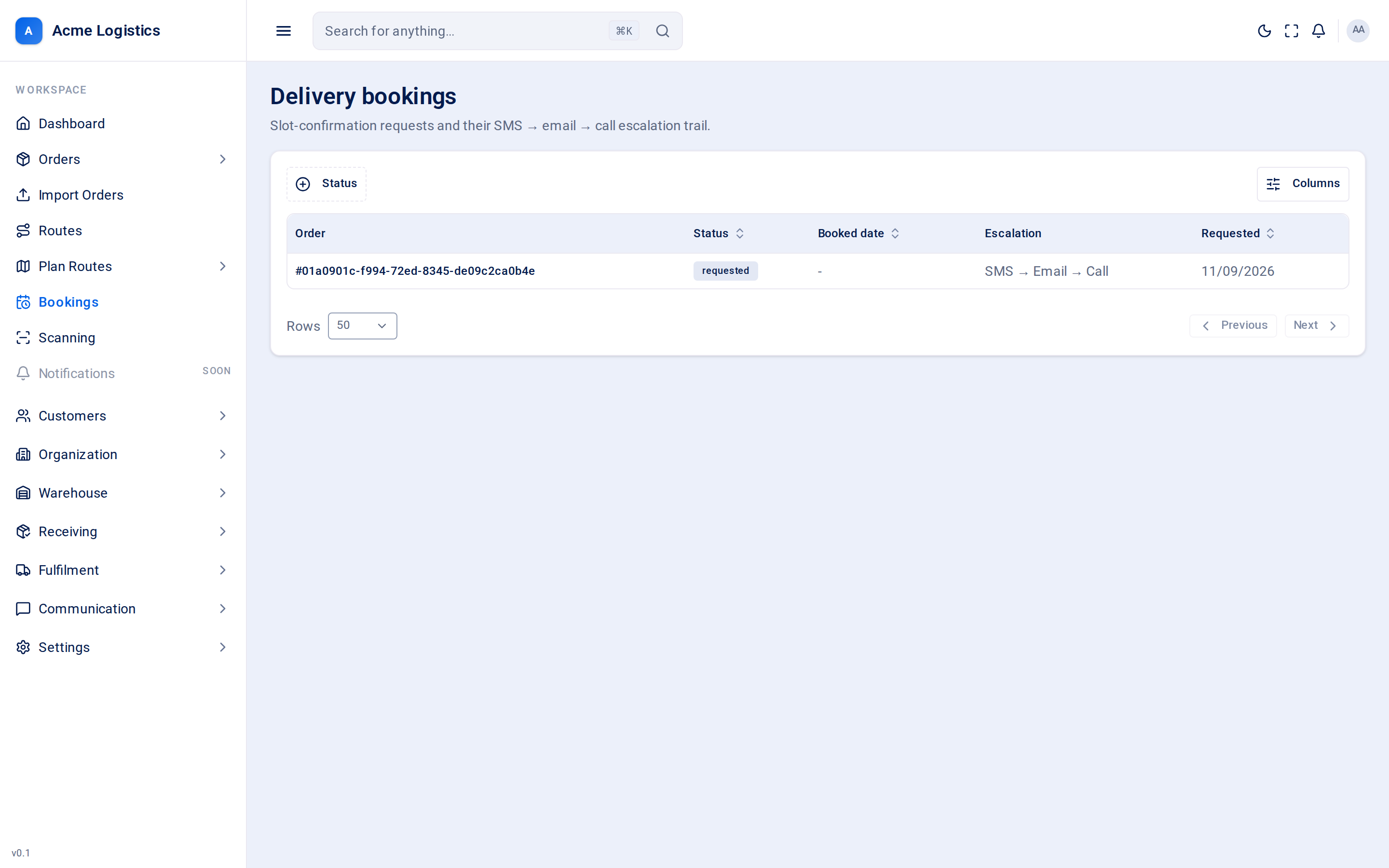 The delivery bookings list