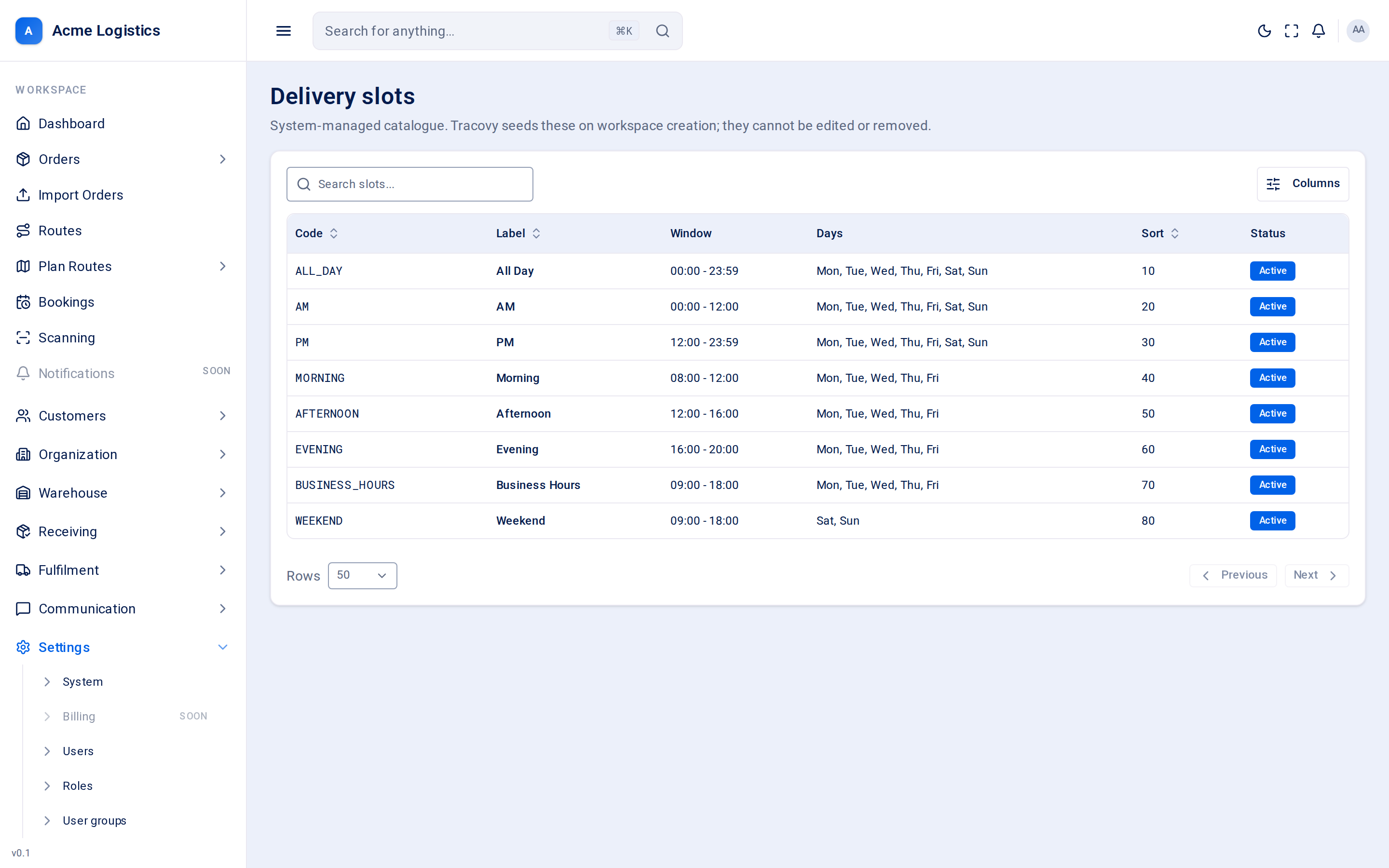 The delivery slots catalogue