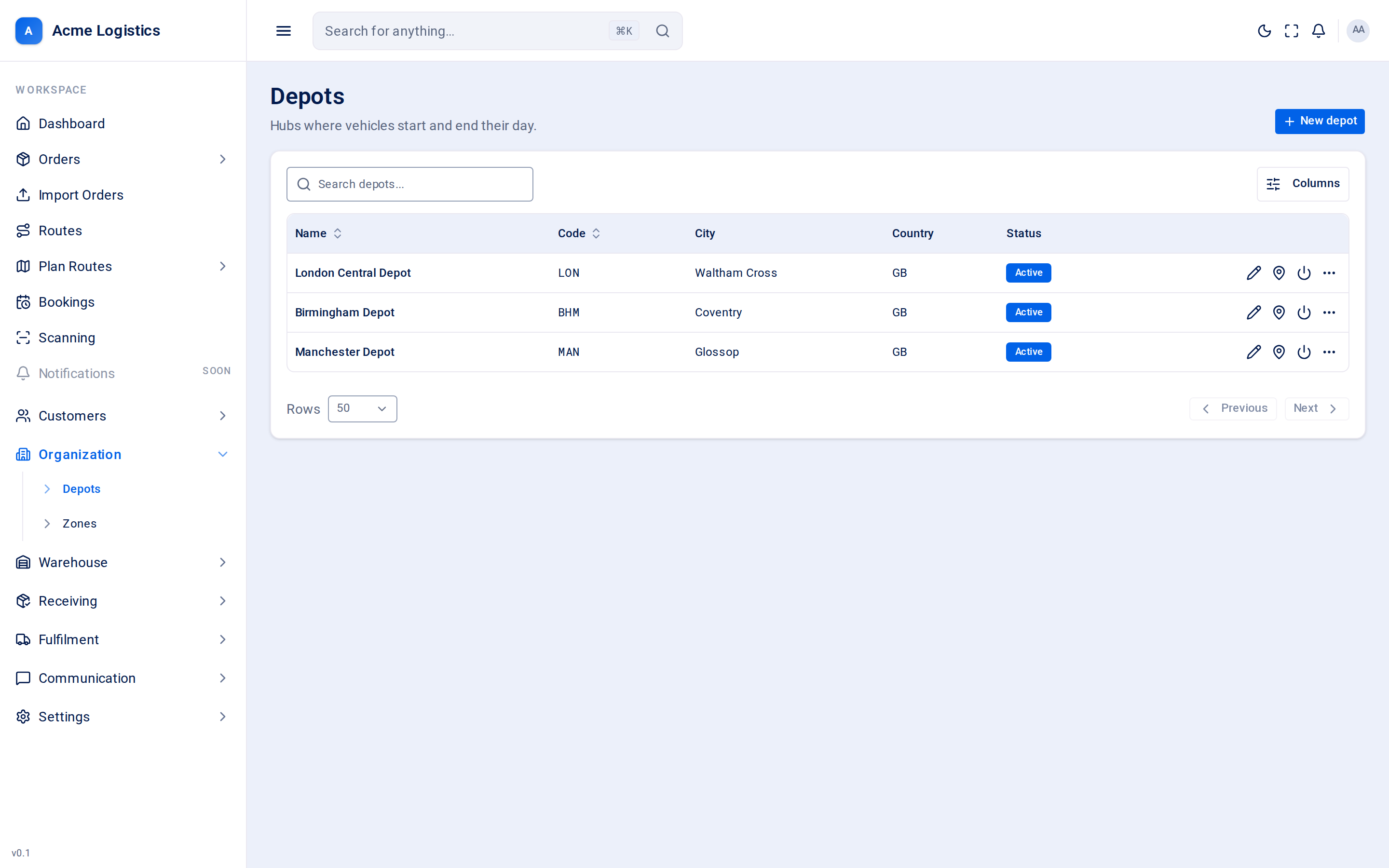 The depots list