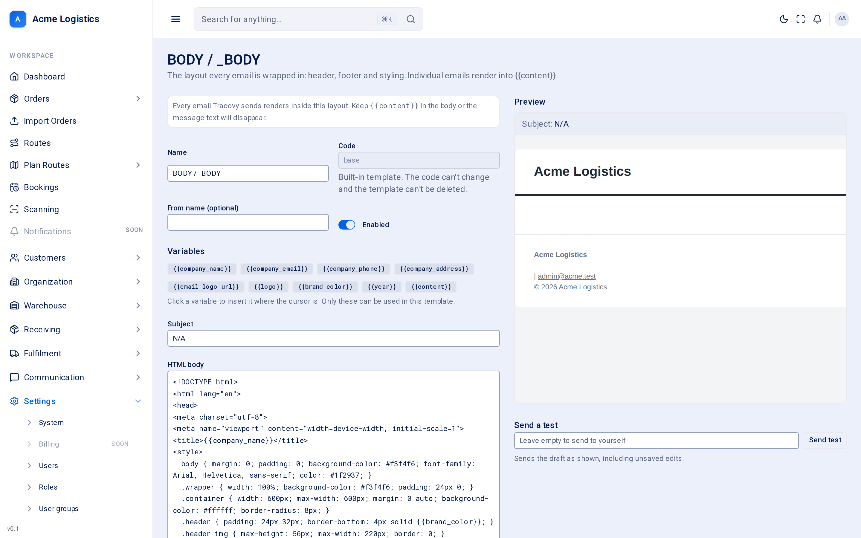 Editing an email template with the live preview beside it