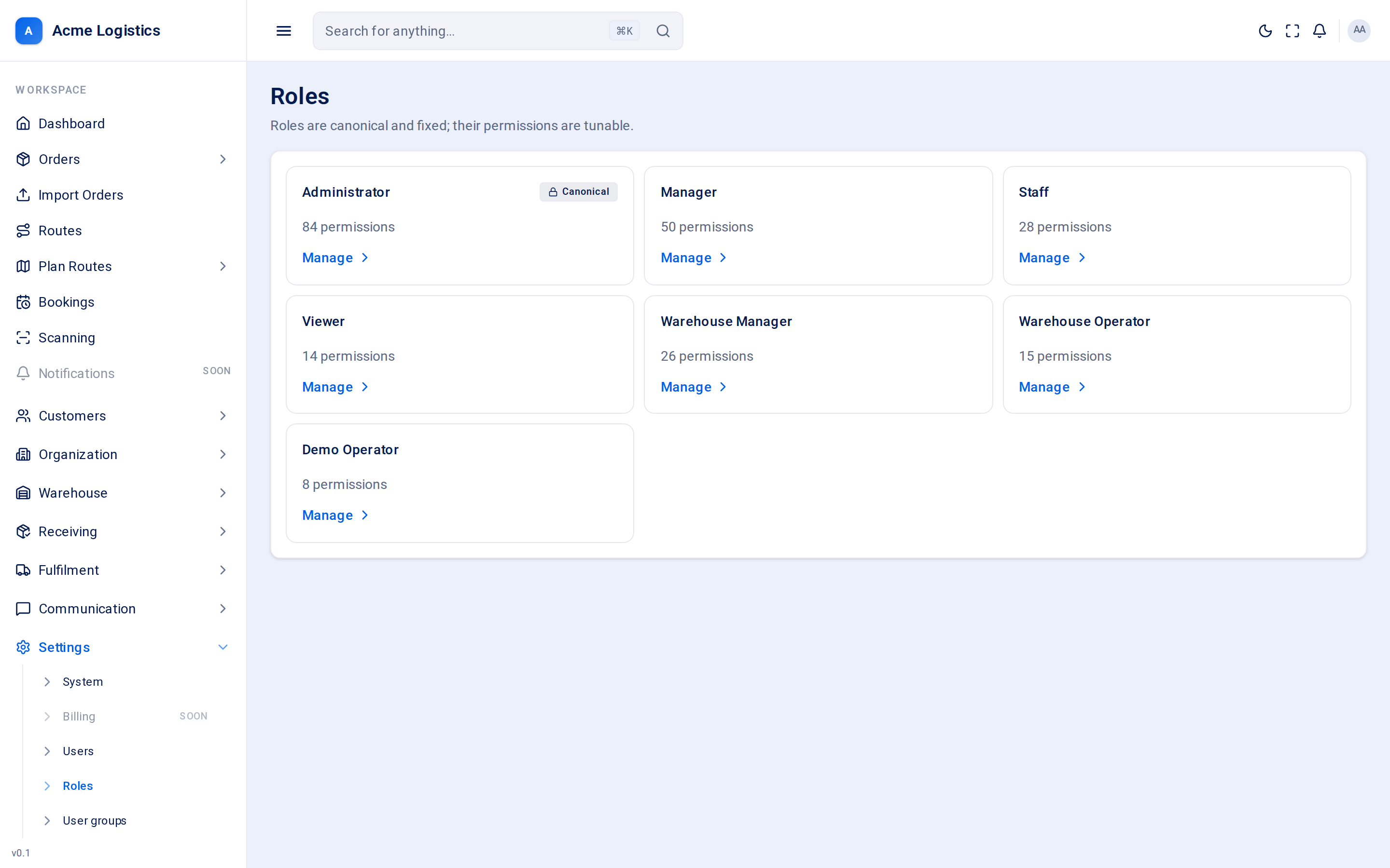 The roles screen with one card per role