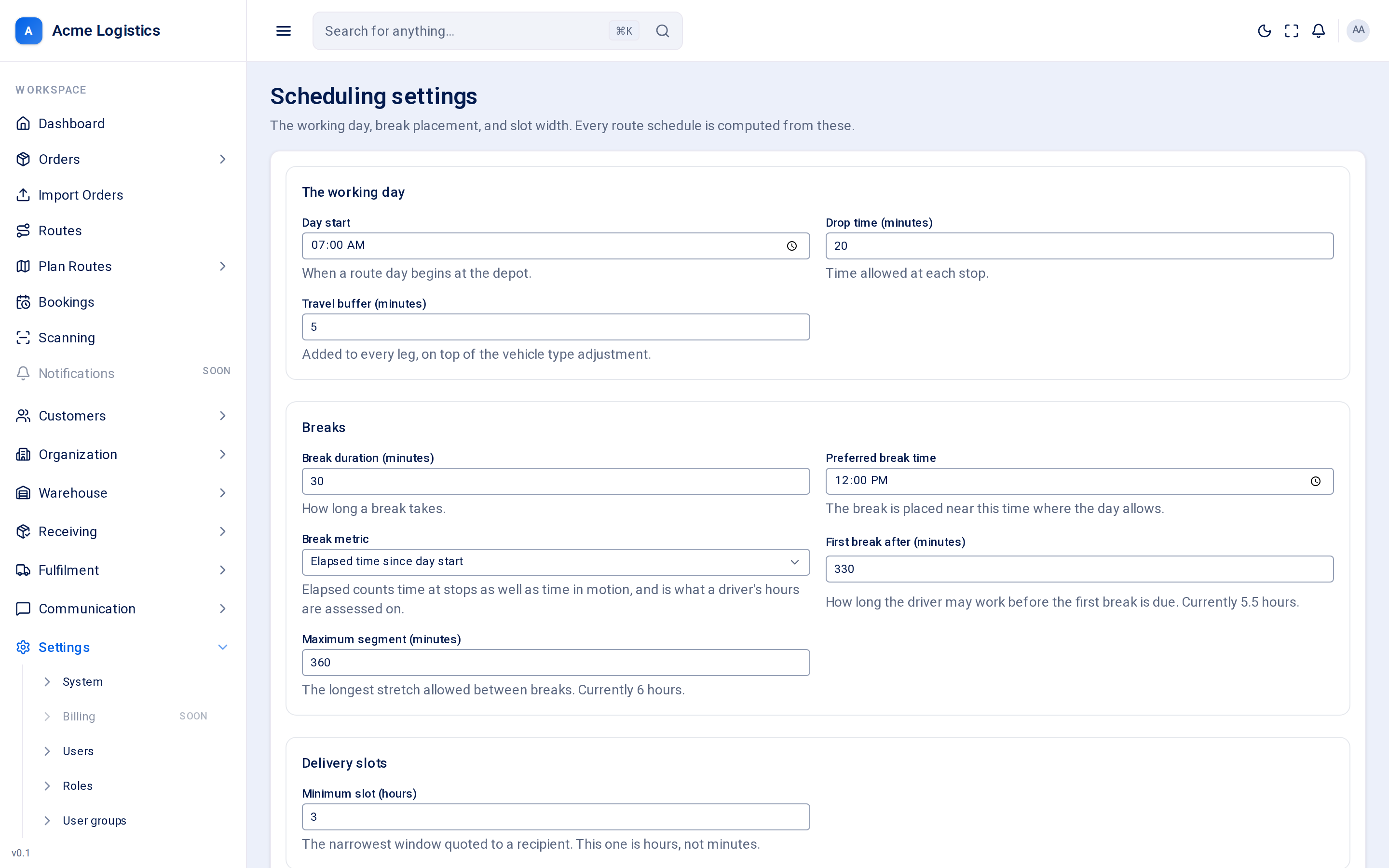 The scheduling settings form
