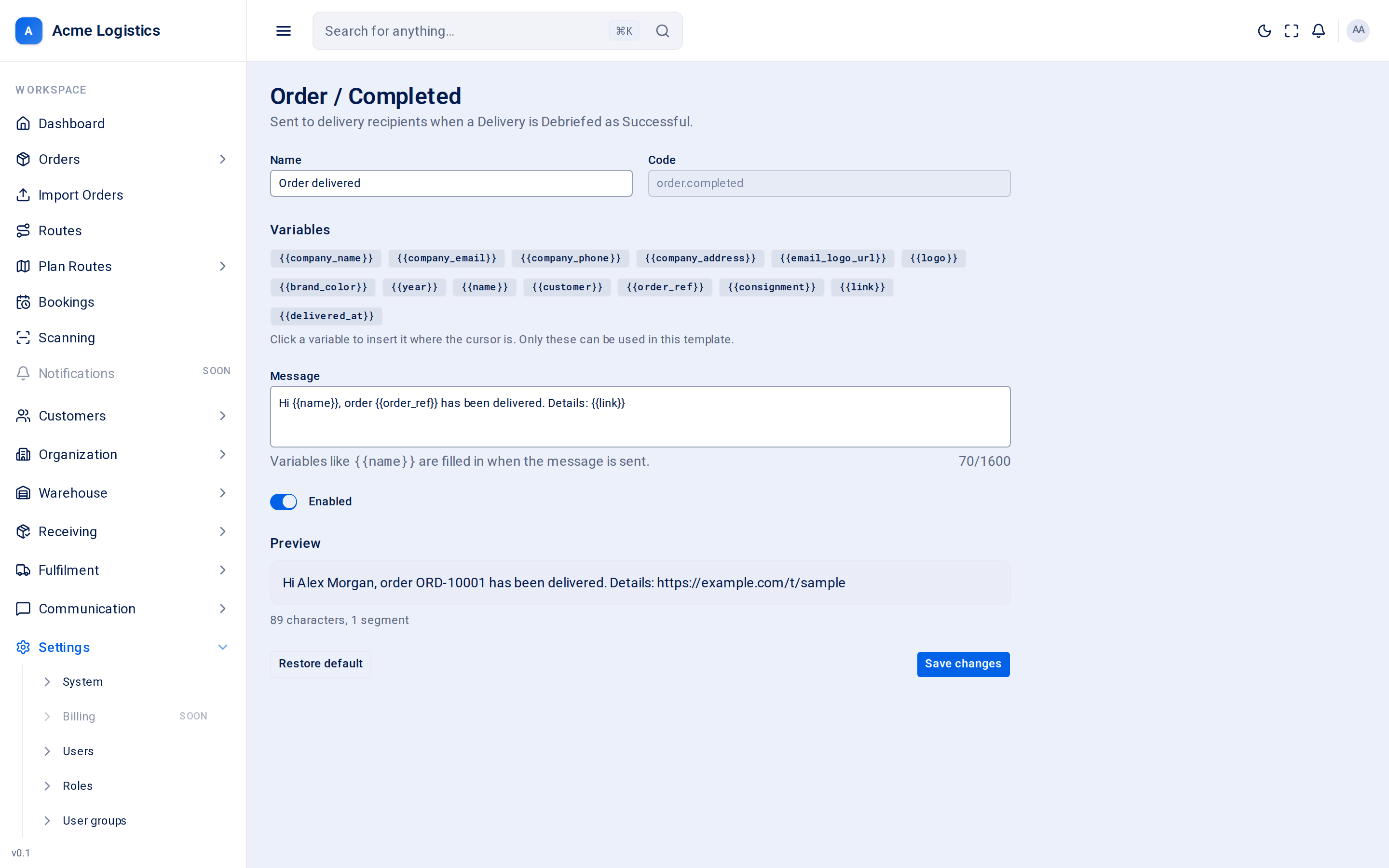 Editing an SMS template with the preview and segment count
