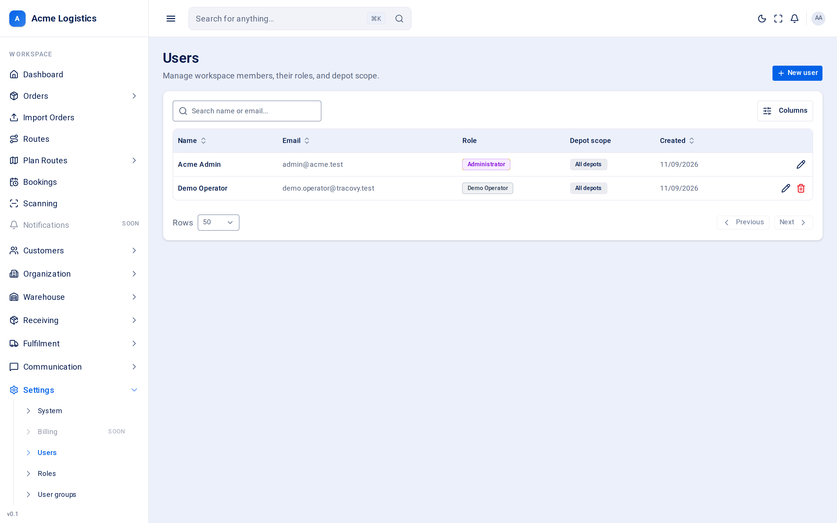 The users list with role and depot scope columns