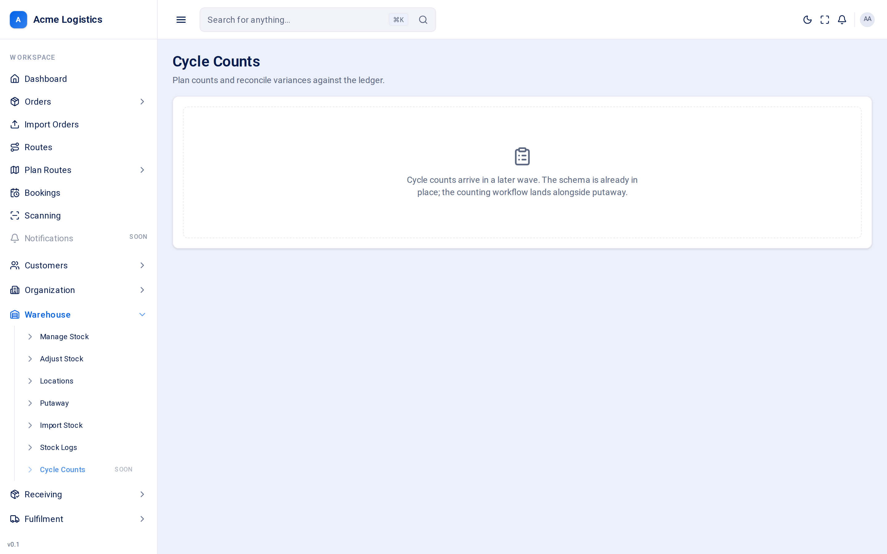 The cycle counts placeholder screen