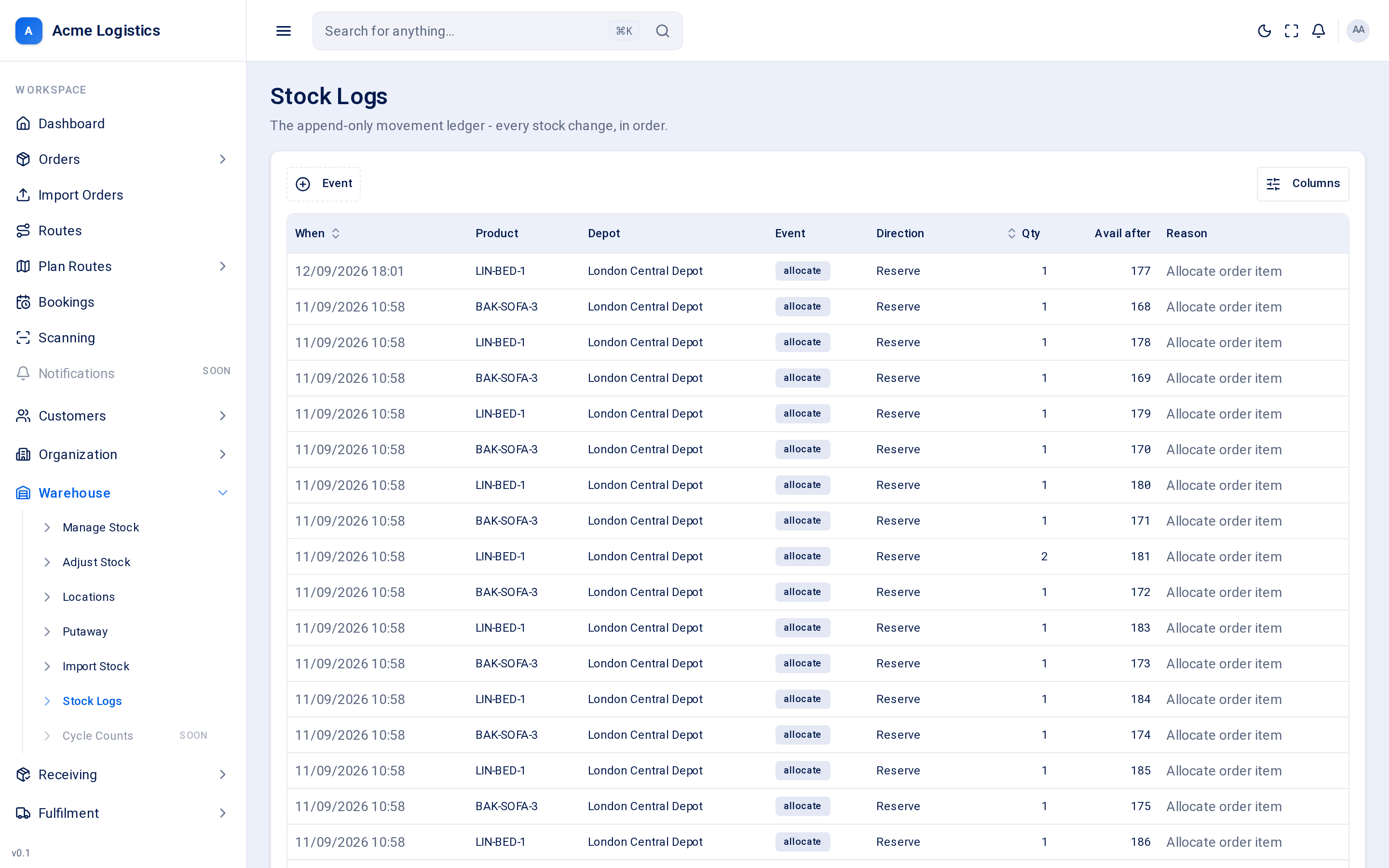 The stock logs table with event, direction and quantity columns